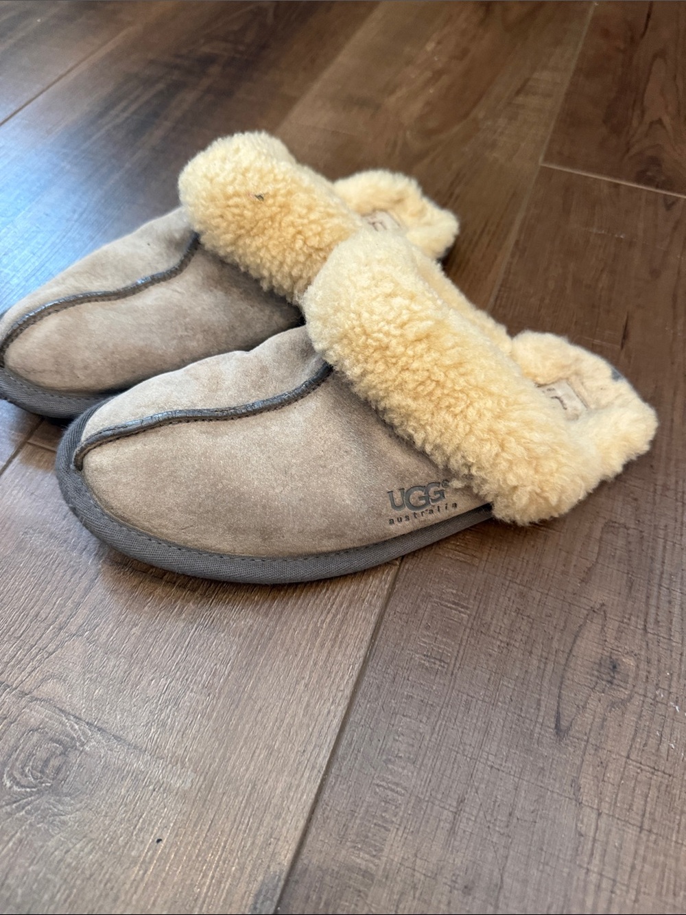 UGG Kids Chestnut Suede Slippers with Cream Shearling Cuff